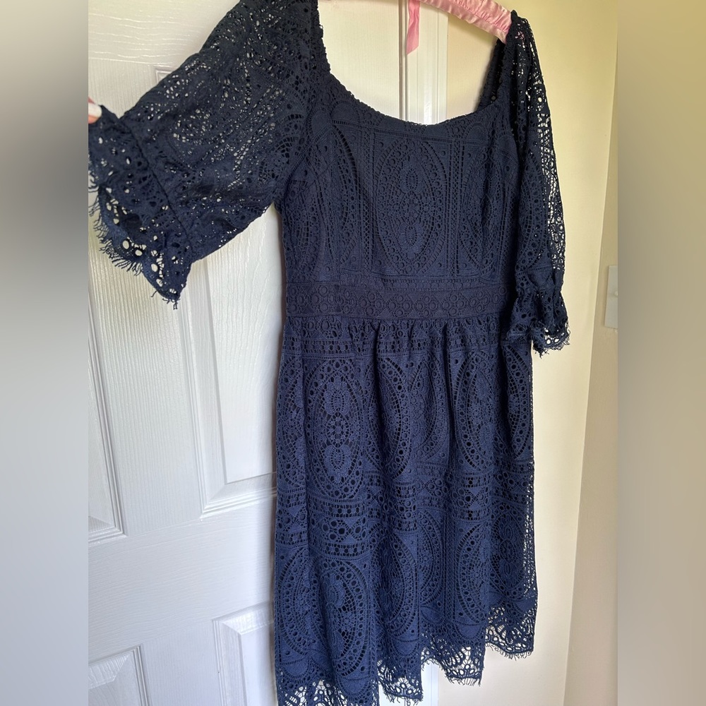 Gorgeous deep navy lace overlay special occasion dress
